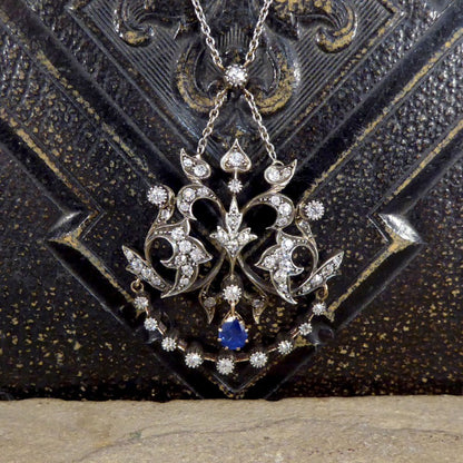Antique Late Victorian Sapphire and Diamond Pendant Necklace
