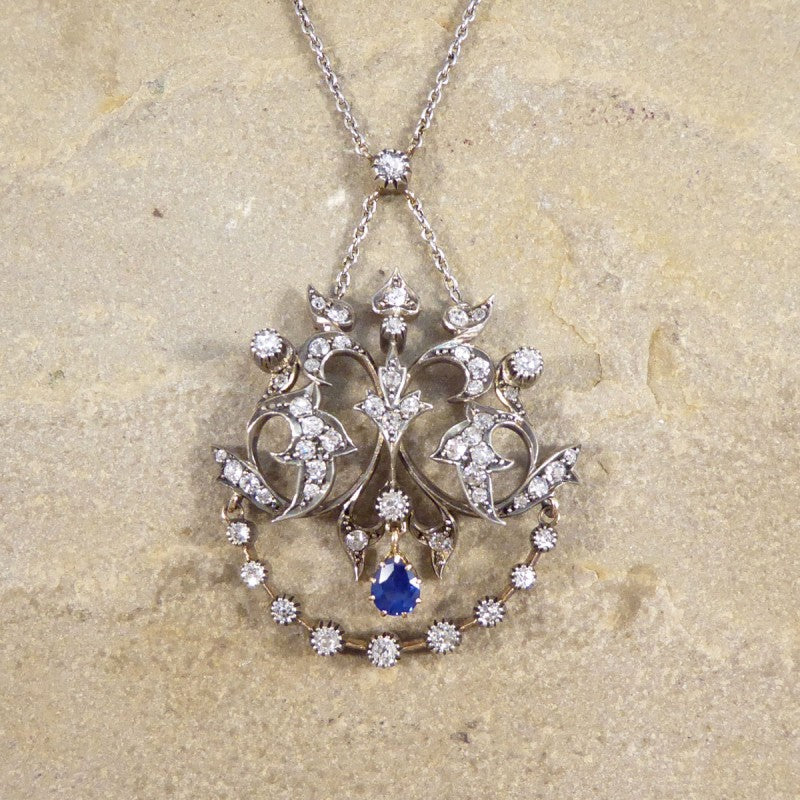 Antique Late Victorian Sapphire and Diamond Pendant Necklace