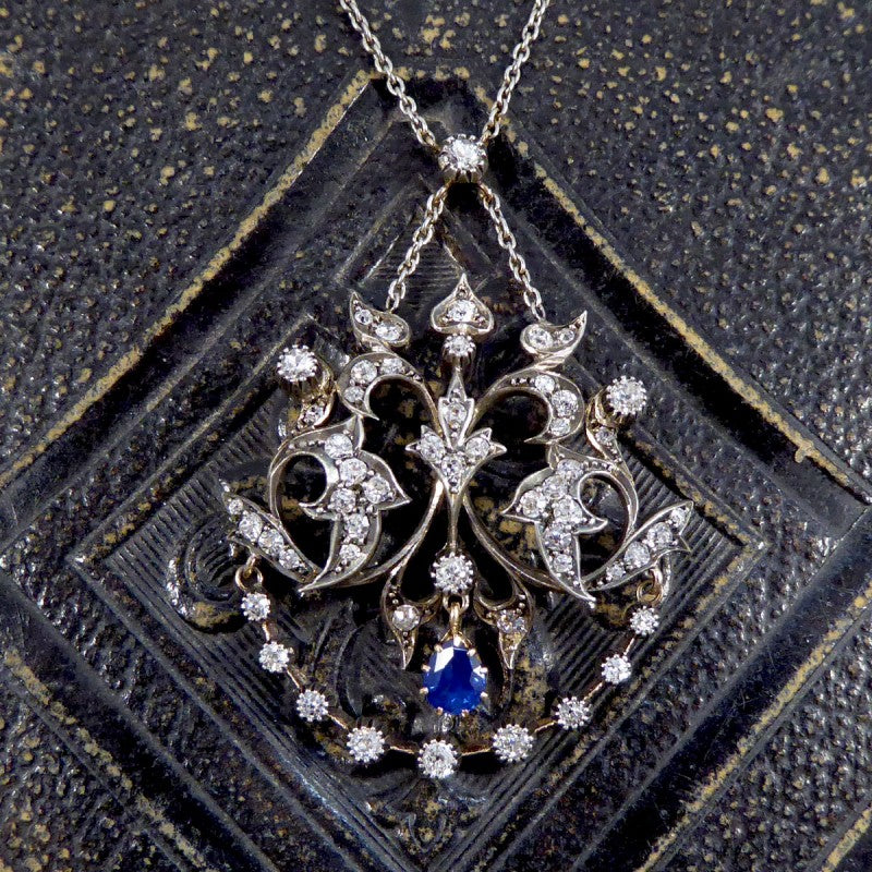 Antique Late Victorian Sapphire and Diamond Pendant Necklace