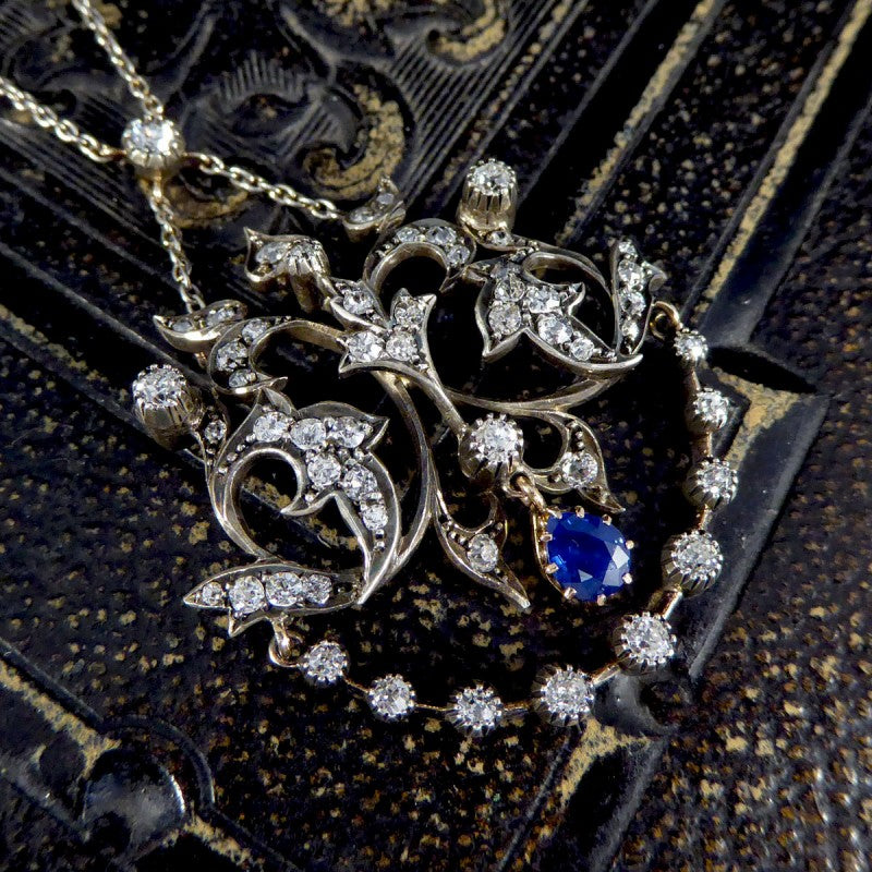 Antique Late Victorian Sapphire and Diamond Pendant Necklace