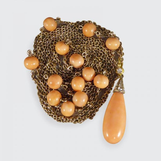 Antique Late Victorian Coral and Rose Cut Diamond Long Guard Chain