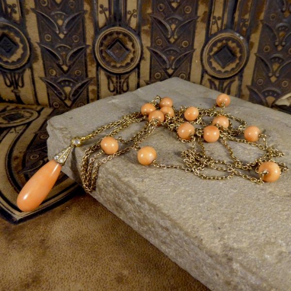 Antique Late Victorian Coral and Rose Cut Diamond Long Guard Chain