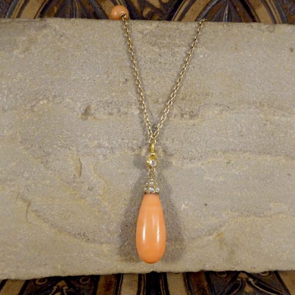 Antique Late Victorian Coral and Rose Cut Diamond Long Guard Chain