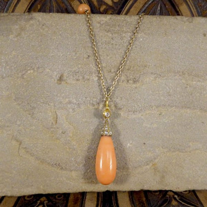 Antique Late Victorian Coral and Rose Cut Diamond Long Guard Chain