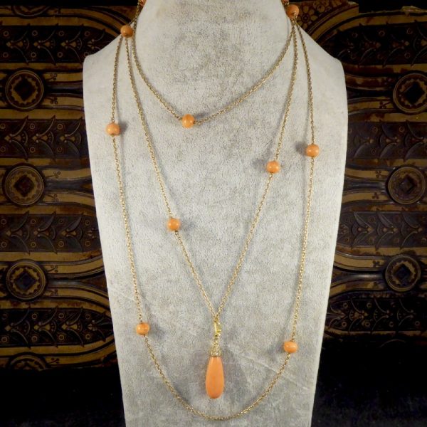 Antique Late Victorian Coral and Rose Cut Diamond Long Guard Chain