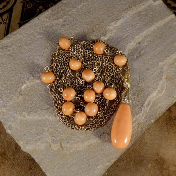 Antique Late Victorian Coral and Rose Cut Diamond Long Guard Chain