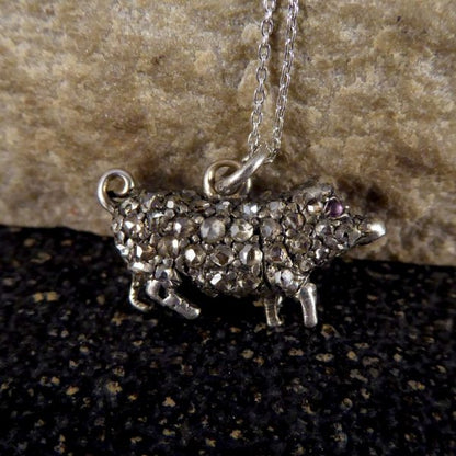 Antique Late Victorian Diamond and Ruby Pig on Platinum Chain