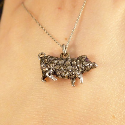 Antique Late Victorian Diamond and Ruby Pig on Platinum Chain