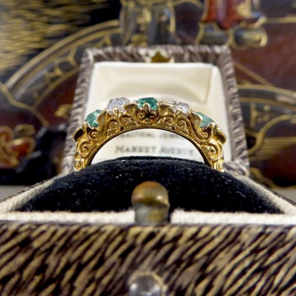 Antique Late Victorian Emerald and Diamond Five Stone Ring WA