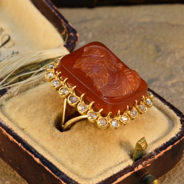 Antique Late Victorian Hard Stone Cameo and Diamond Ring