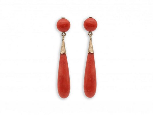 Antique Late Victorian Long Coral Drop Earrings