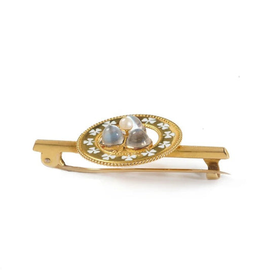 Antique Moonstone Natural Pearl Enamel Gold Clover Brooch