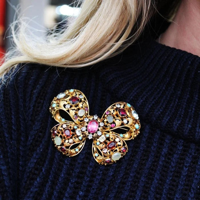 Antique Multi Gemstone Set 18ct Yellow Gold Bow Brooch Circa 1860 1870