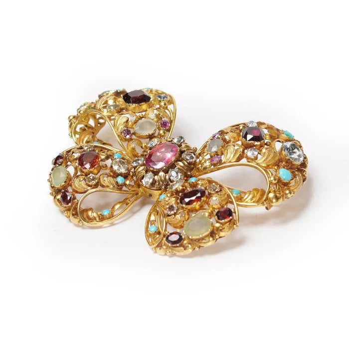 Antique Multi Gemstone Set 18ct Yellow Gold Bow Brooch Circa 1860 1870