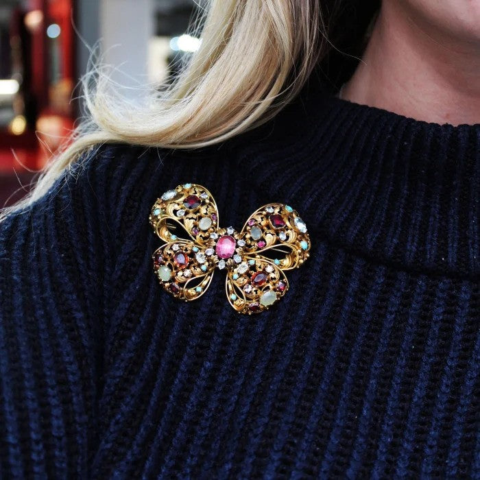 Antique Multi Gemstone Set 18ct Yellow Gold Bow Brooch Circa 1860 1870