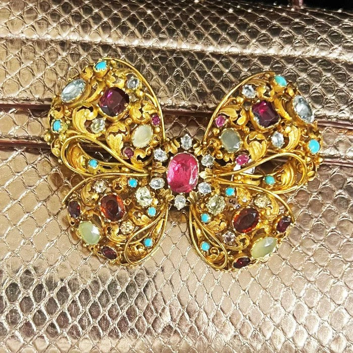 Antique Multi Gemstone Set 18ct Yellow Gold Bow Brooch Circa 1860 1870