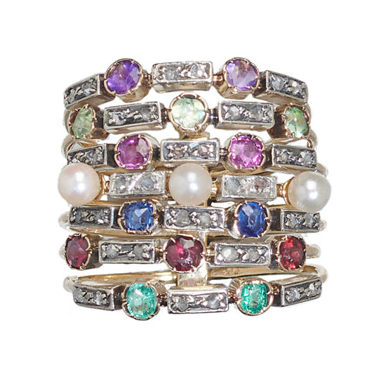 Antique Multi Gemstone Set Seven Row Harem Ring with amethyst peridot ruby pearl sapphire garnet emerald and diamond Circa 1880