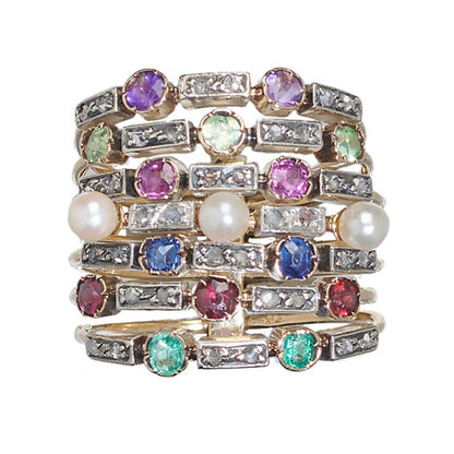 Antique Multi Gemstone Set Seven Row Harem Ring with amethyst peridot ruby pearl sapphire garnet emerald and diamond Circa 1880