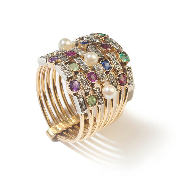Antique Multi Gemstone Set Seven Row Harem Ring with amethyst peridot ruby pearl sapphire garnet emerald and diamond Circa 1880