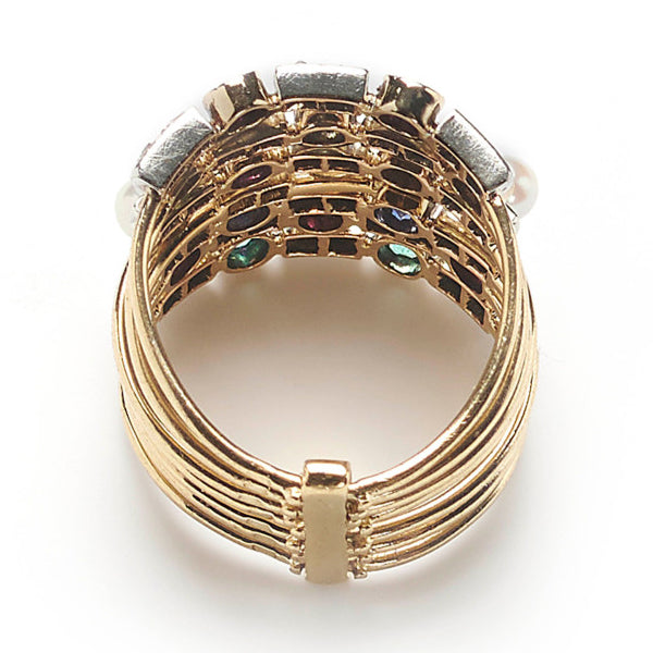 Antique Multi Gemstone Set Seven Row Harem Ring with amethyst peridot ruby pearl sapphire garnet emerald and diamond Circa 1880