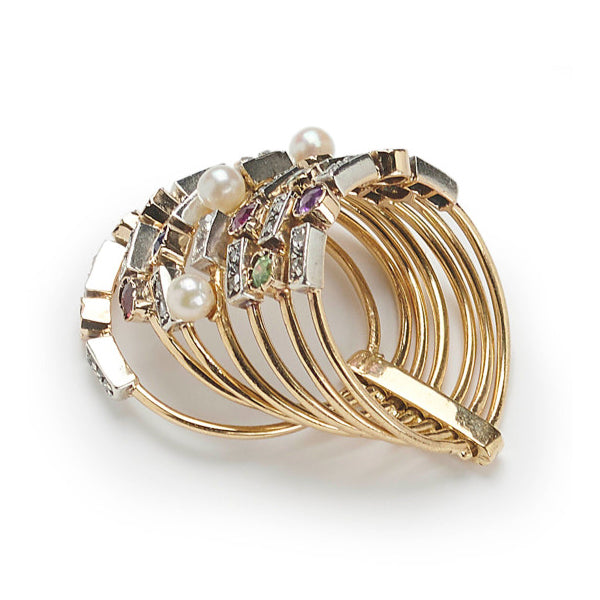 Antique Multi Gemstone Set Seven Row Harem Ring with amethyst peridot ruby pearl sapphire garnet emerald and diamond Circa 1880