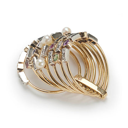 Antique Multi Gemstone Set Seven Row Harem Ring with amethyst peridot ruby pearl sapphire garnet emerald and diamond Circa 1880
