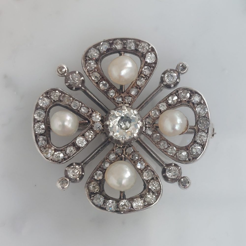 Antique Natural Pearl and Diamond Four Leaf Clover Brooch