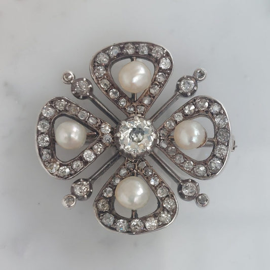 Antique Natural Pearl and Diamond Four Leaf Clover Brooch