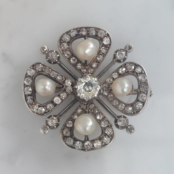 Antique Natural Pearl and Diamond Four Leaf Clover Brooch