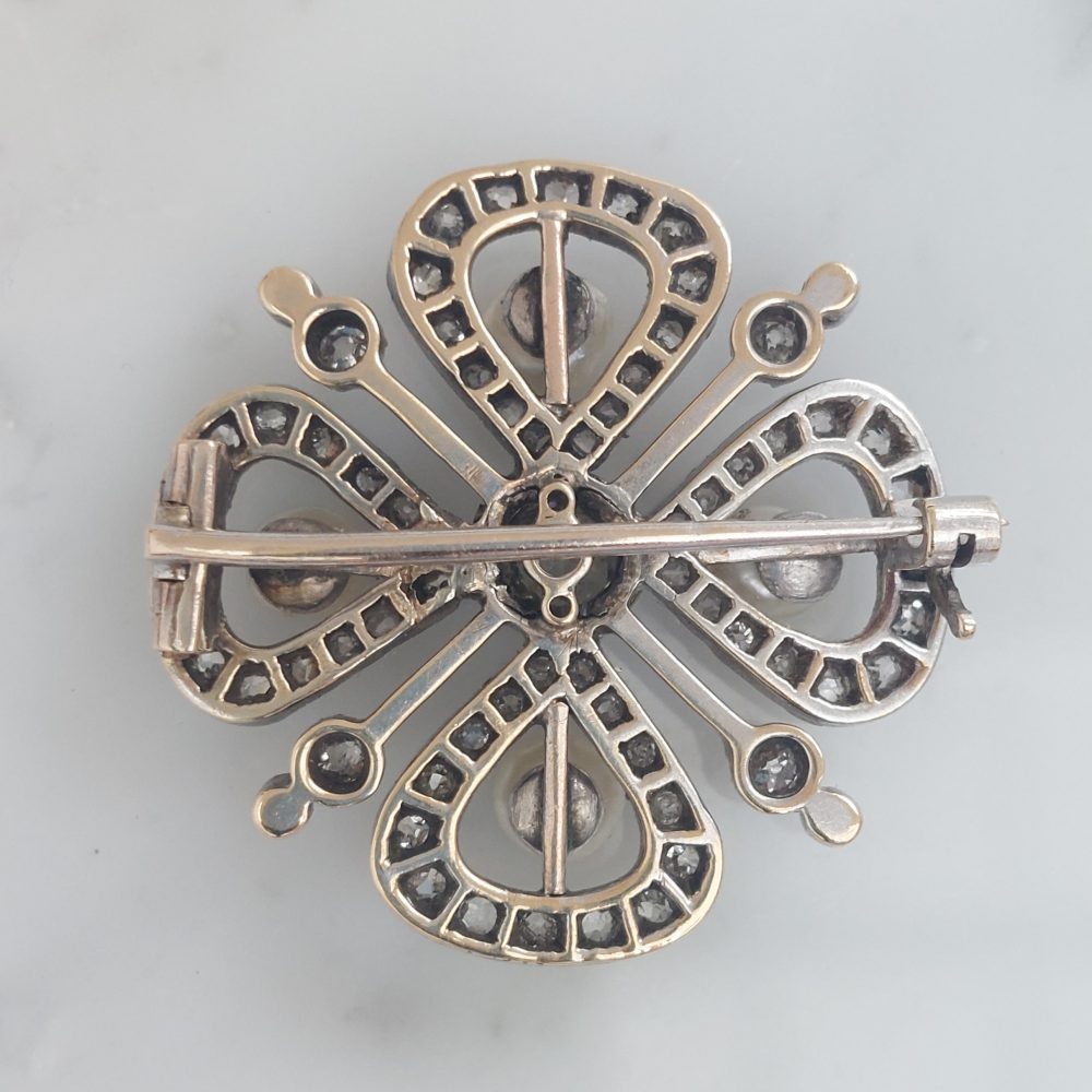 Antique Natural Pearl and Diamond Four Leaf Clover Brooch