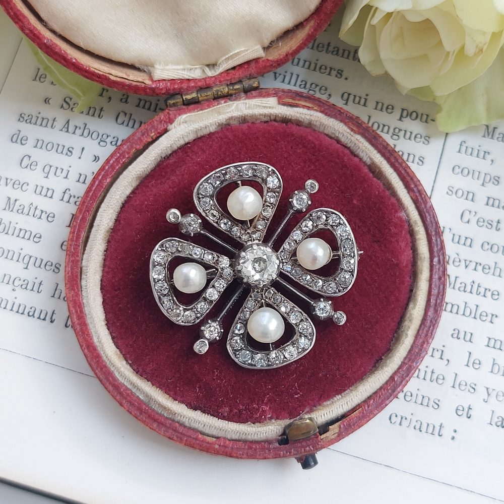 Antique Natural Pearl and Diamond Four Leaf Clover Brooch