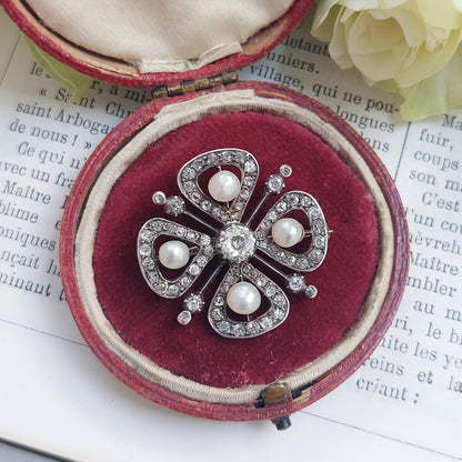 Antique Natural Pearl and Diamond Four Leaf Clover Brooch