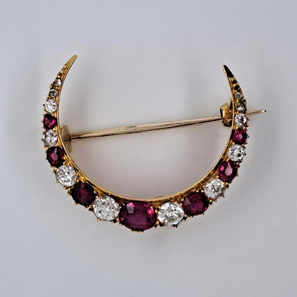 Victorian Antique Cushion Cut Ruby and Old Mine Cut Diamond Crescent Moon Brooch