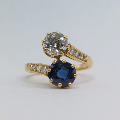 Antique Old Cut Diamond and Sapphire Toi et Moi Ring
