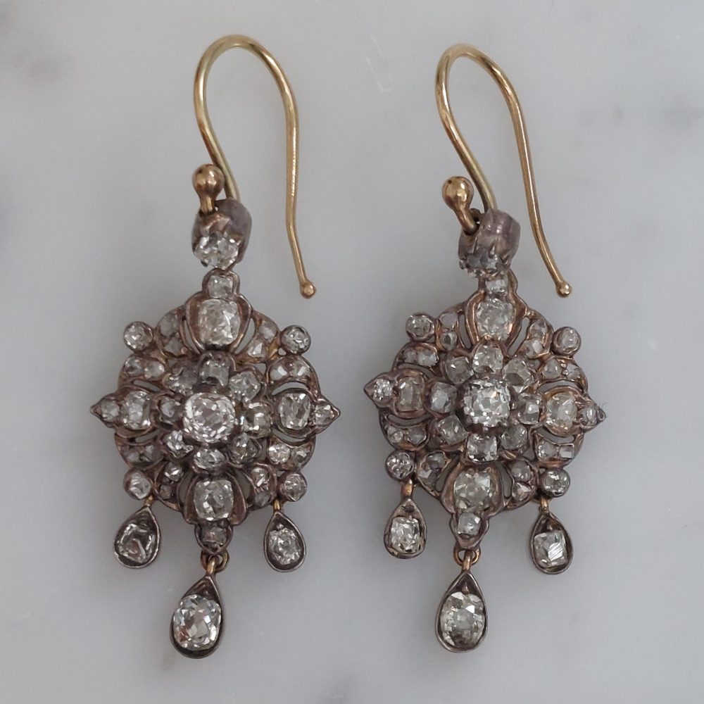 Antique Old Mine Cut Diamond Cluster Drop Earrings, 3 carats