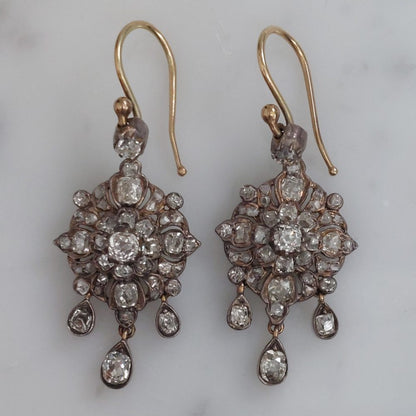 Antique Old Mine Cut Diamond Cluster Drop Earrings, 3 carats