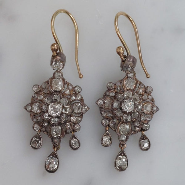 Antique Old Mine Cut Diamond Cluster Drop Earrings, 3 carats