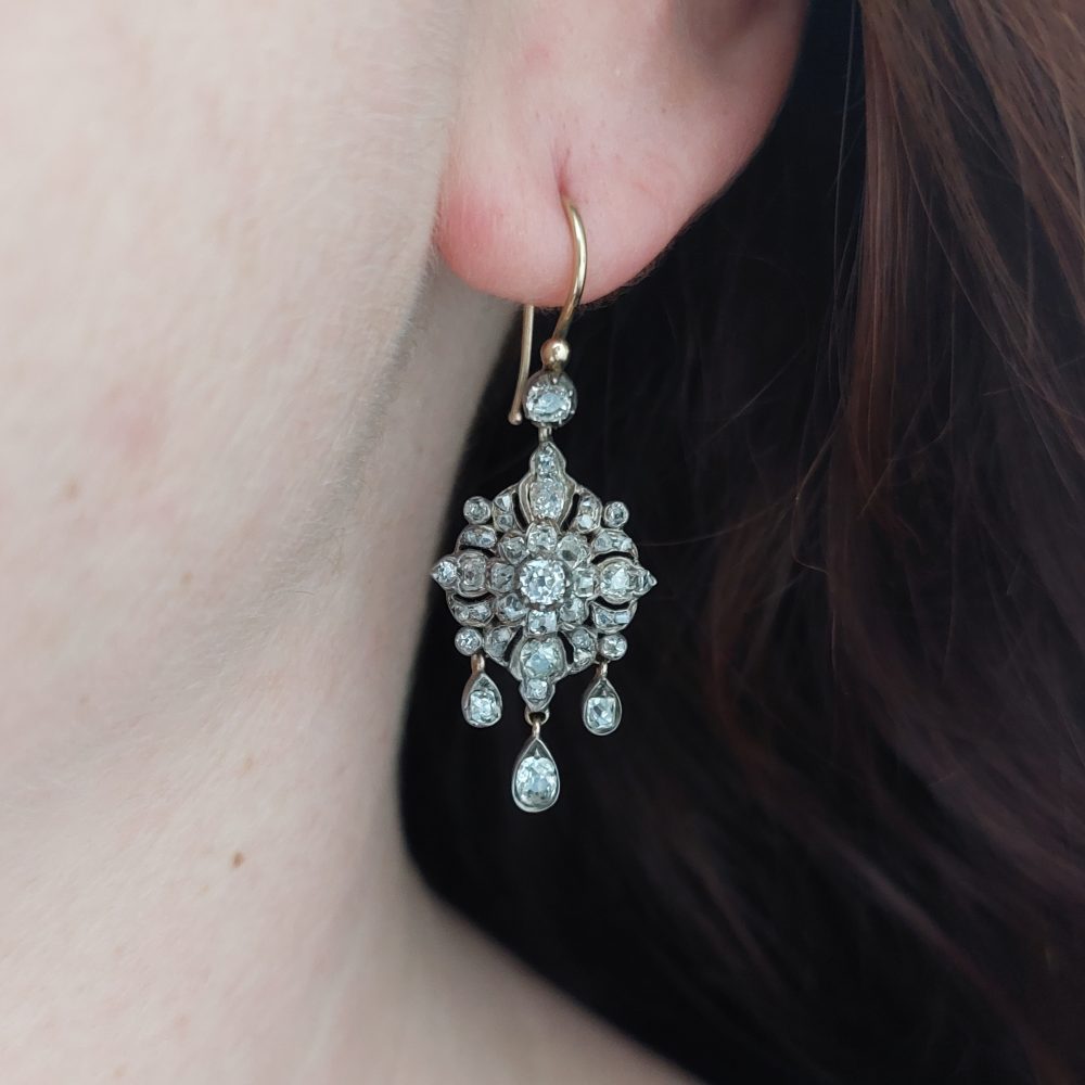 Antique Old Mine Cut Diamond Cluster Drop Earrings, 3 carats