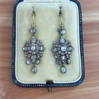 Antique Old Mine Cut Diamond Cluster Drop Earrings, 3 carats