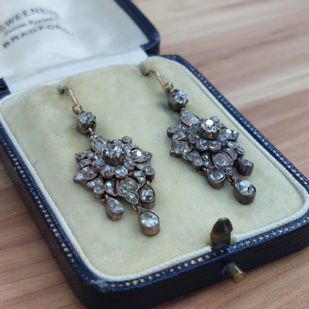 Antique Old Mine Cut Diamond Cluster Drop Earrings, 3 carats