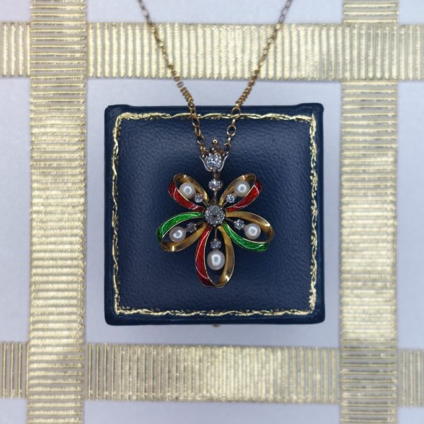 Antique Late Victorian Old Cut Diamond Enamel Pendant