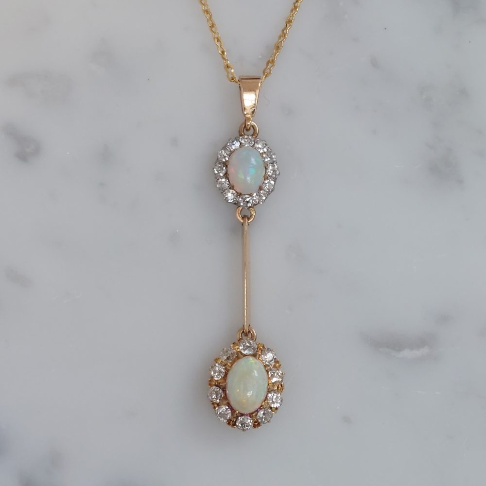 Antique Opal and Diamond Double Cluster Drop Pendant Necklace