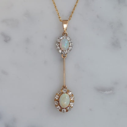 Antique Opal and Diamond Double Cluster Drop Pendant Necklace