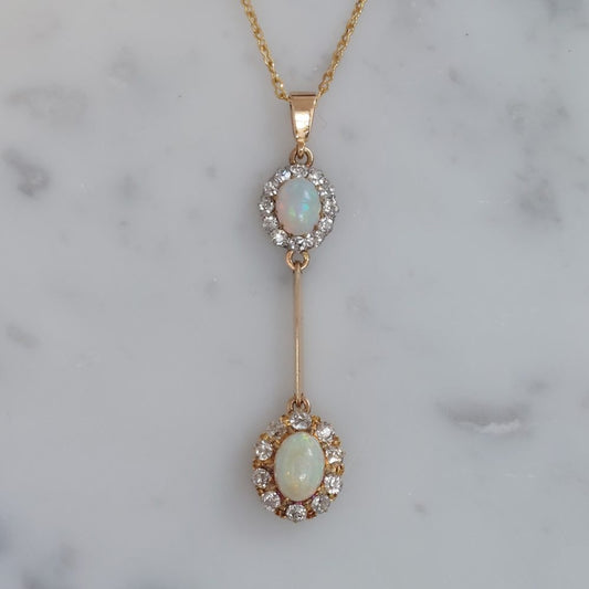Antique Opal and Diamond Double Cluster Drop Pendant Necklace