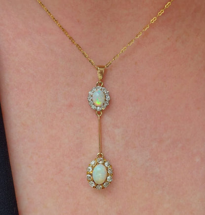 Antique Opal and Diamond Double Cluster Drop Pendant Necklace