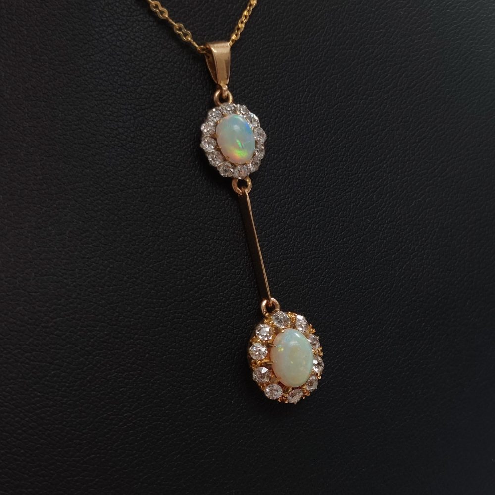 Antique Opal and Diamond Double Cluster Drop Pendant Necklace