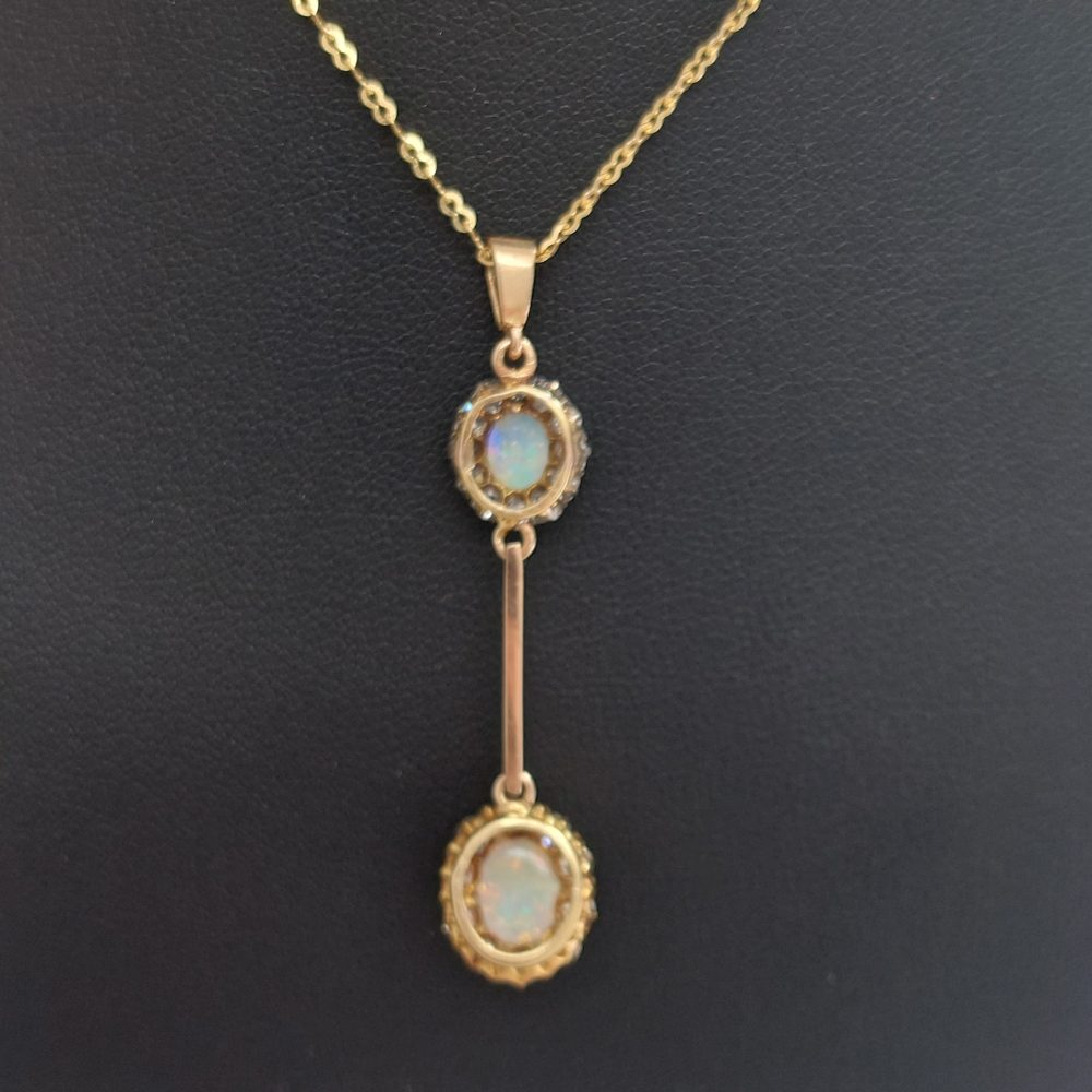 Antique Opal and Diamond Double Cluster Drop Pendant Necklace