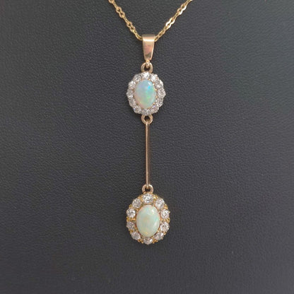 Antique Opal and Diamond Double Cluster Drop Pendant Necklace