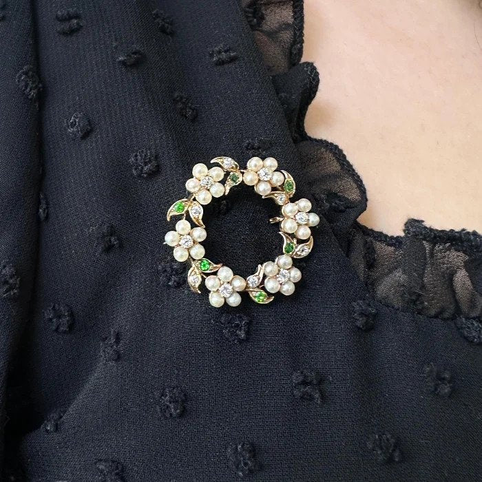 Antique Pearl Diamond Demantoid Garnet Wreath Brooch