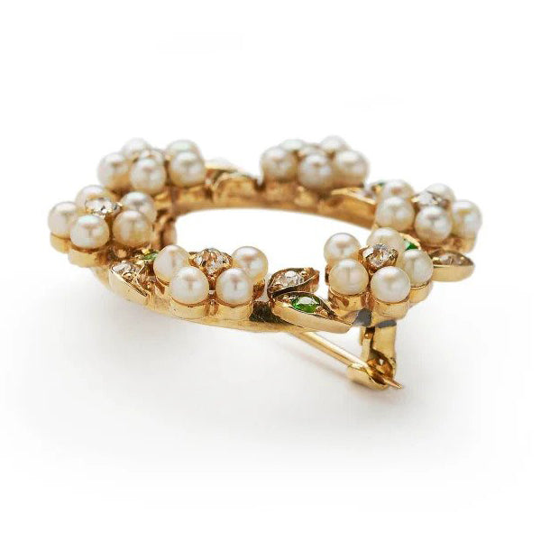 Antique Pearl Diamond Demantoid Garnet Wreath Brooch